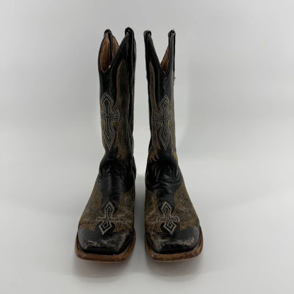 Corral Teens Girls A1032 Black Gold Winged Cross Western Boots Square Toe Size 3
